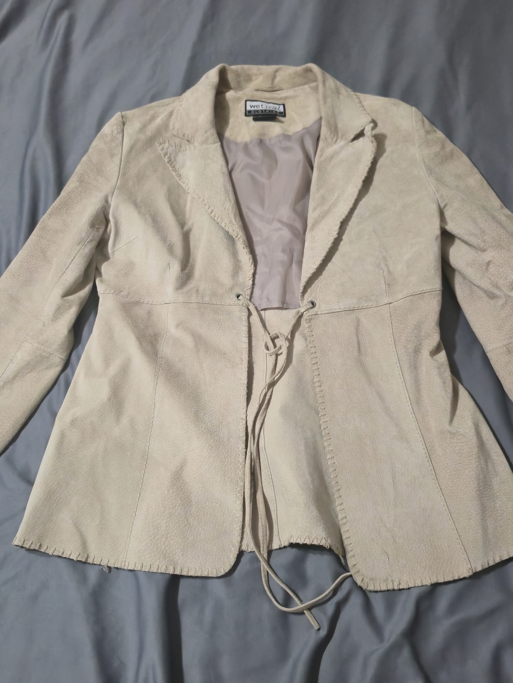 Wet Seal Womens Blazer Jacket Large Brown Tie Front Notch Lapel 100% Leather Vtg